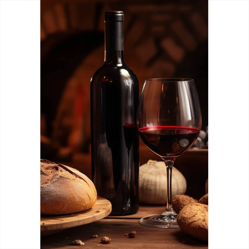 Spannrahmenbild Brot Wein bei Kerzenlicht Ambiente Hochformat