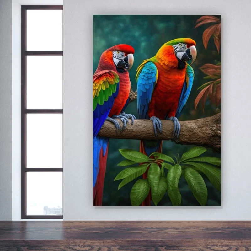 Leinwandbild Exotische Papageien auf Ast sitzend Hochformat