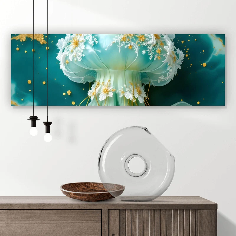 Leinwandbild Edles Quallenmotiv mit floralen Details Panorama