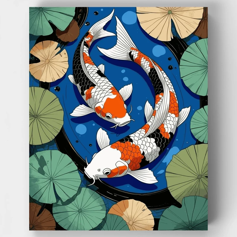 Koi Fish Yin Yang Dance with Lily Pads - Paint by Numbers Kit