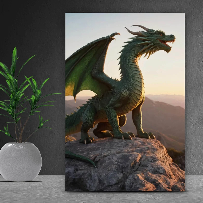 Poster Majestätischer Drache auf Felsen Hochformat