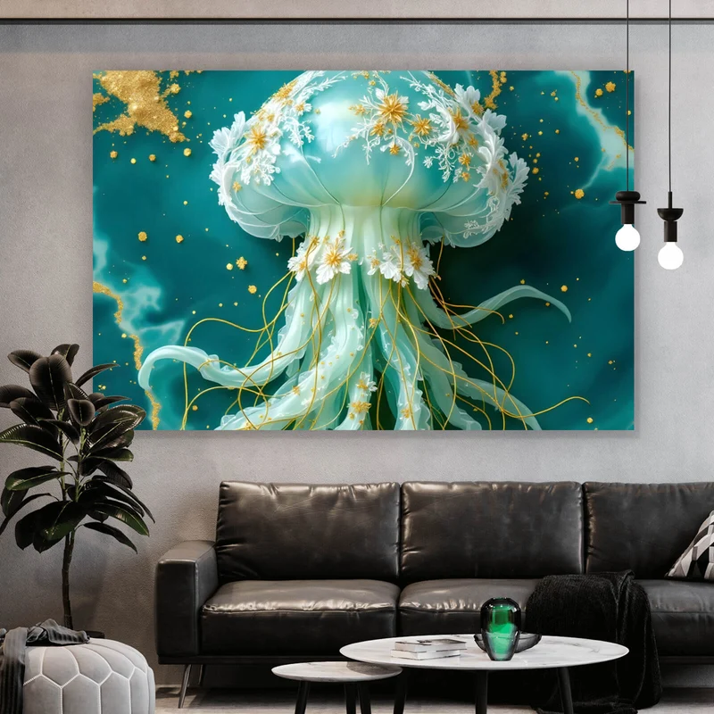 Acrylglasbild Edles Quallenmotiv mit floralen Details Querformat