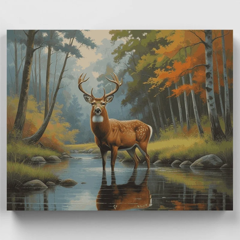 Majestic Stag Reflection in Autumn Stream - Paint by Numbers Kit