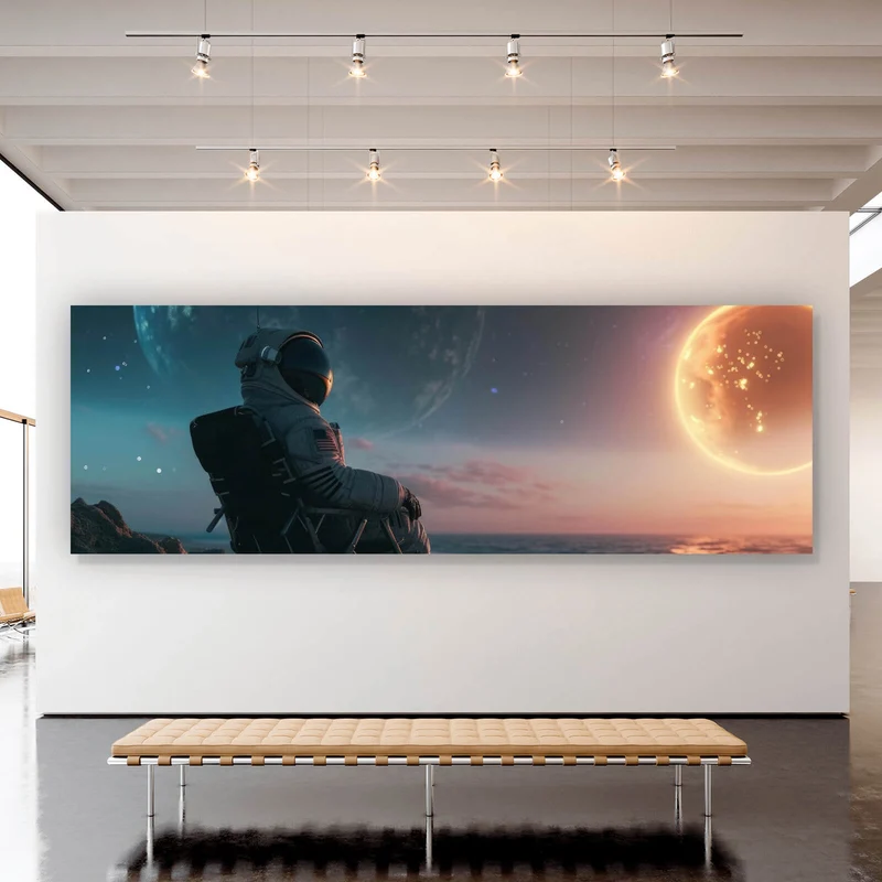 Aluminiumbild gebürstet Weltraum Sonnenuntergang am Strand Panorama