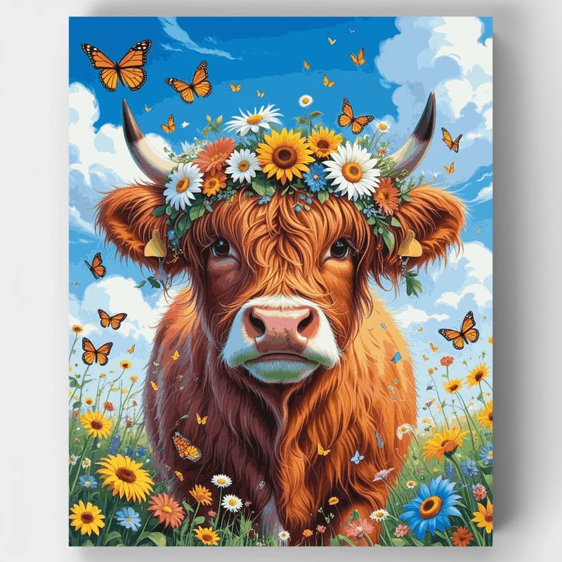 Highland Cow with Sunflowers and Butterflies - Paint by Numbers Kit