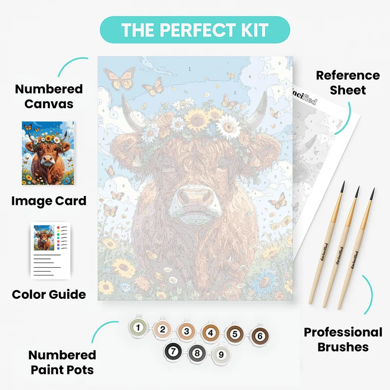 Highland Cow with Sunflowers and Butterflies - Paint by Numbers Kit