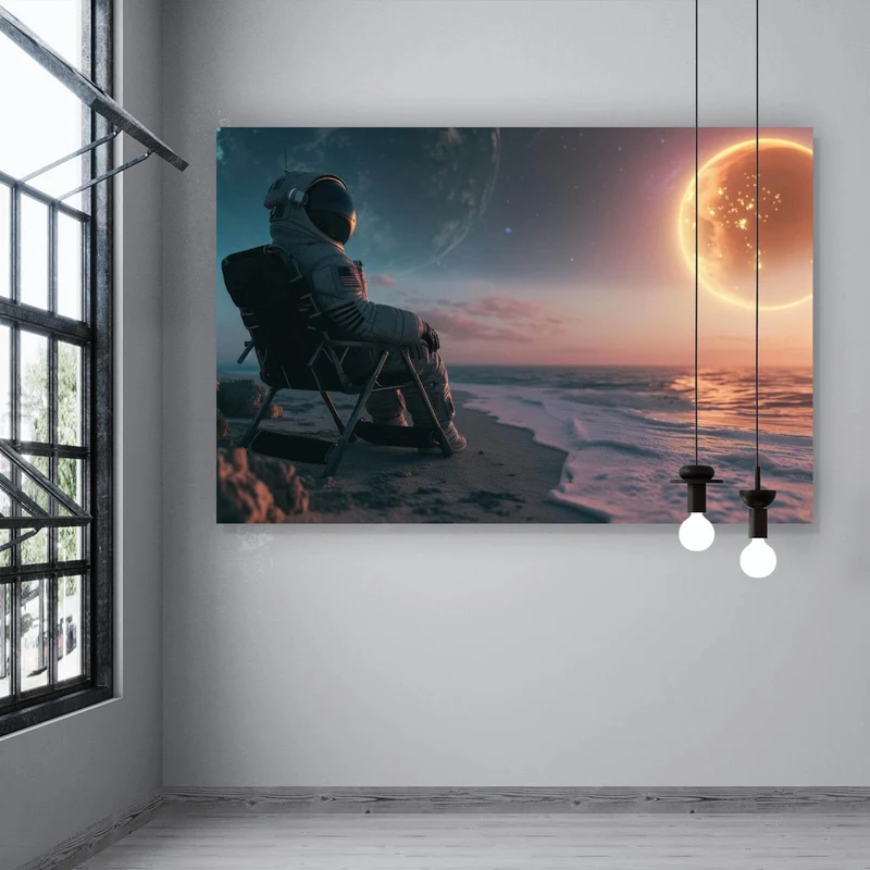 Leinwandbild Weltraum Sonnenuntergang am Strand Querformat