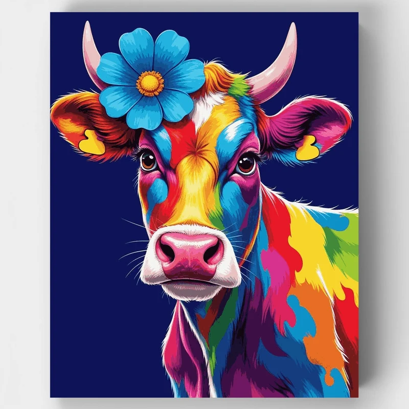Rainbow Cow with Blue Flower - Paint by Numbers Kit