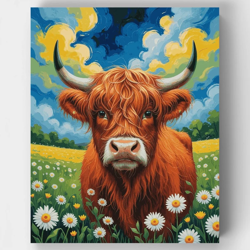 Highland Cow in Wildflower Meadow - Paint by Numbers Kit