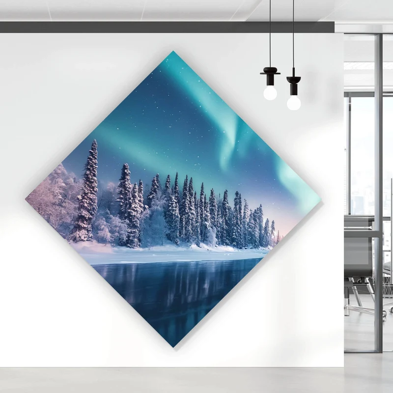 Aluminiumbild Nordlicht über verschneiter Winterlandschaft Raute