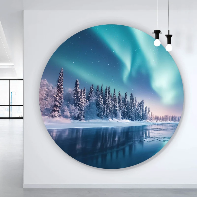 Aluminiumbild Nordlicht über verschneiter Winterlandschaft Kreis