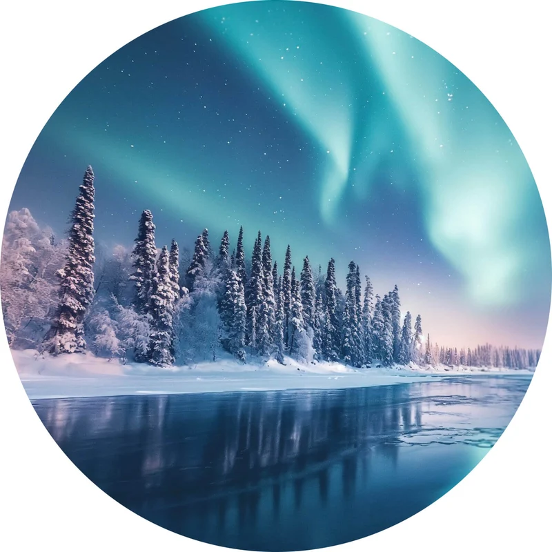 Aluminiumbild Nordlicht über verschneiter Winterlandschaft Kreis