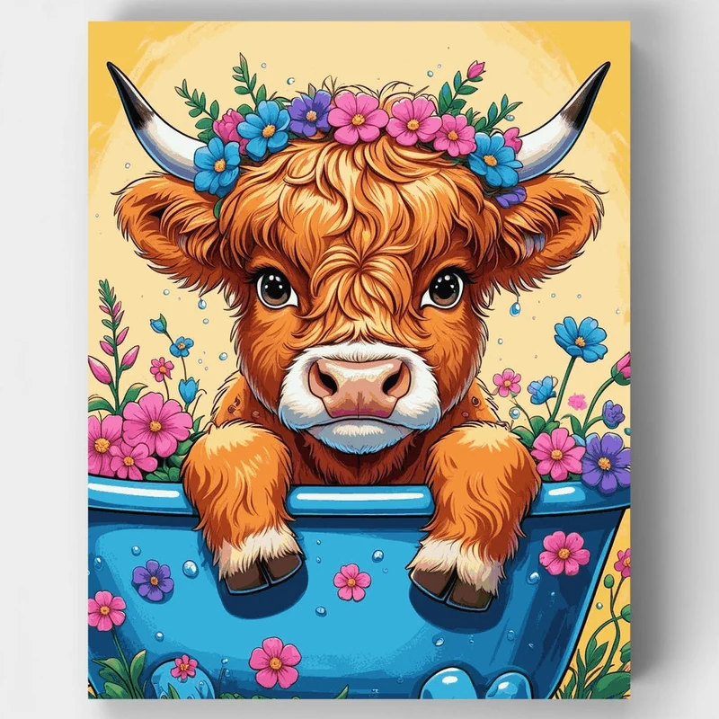 Highland Cow with Flower Crown in Bath - Paint by Numbers Kit