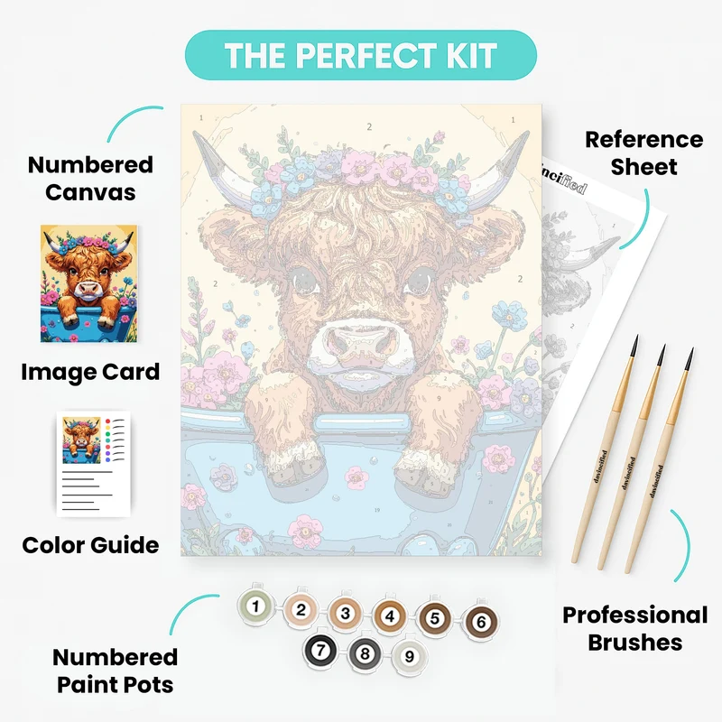 Highland Cow with Flower Crown in Bath - Paint by Numbers Kit