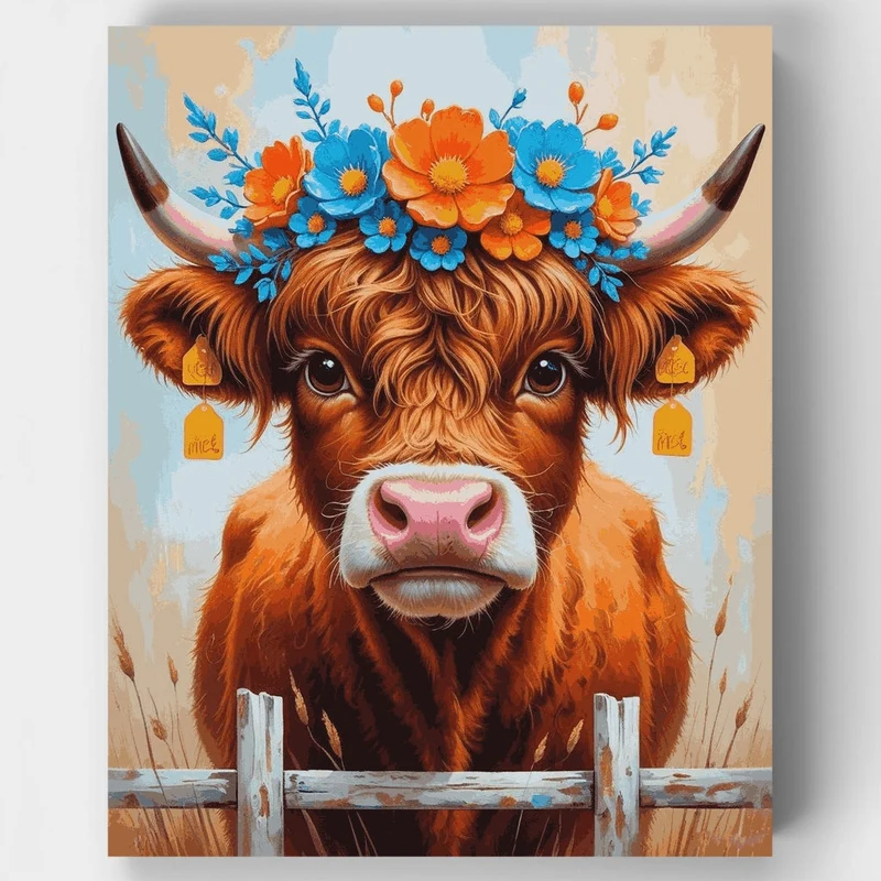 Highland Cow with Blue and Orange Blossoms - Paint by Numbers Kit