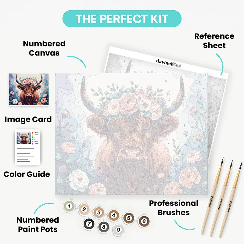Floral Highland Cow with Wildflowers - Paint by Numbers Kit