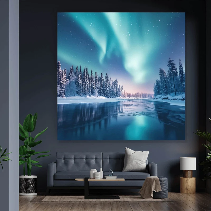 Poster Nordlicht über verschneiter Winterlandschaft Quadrat