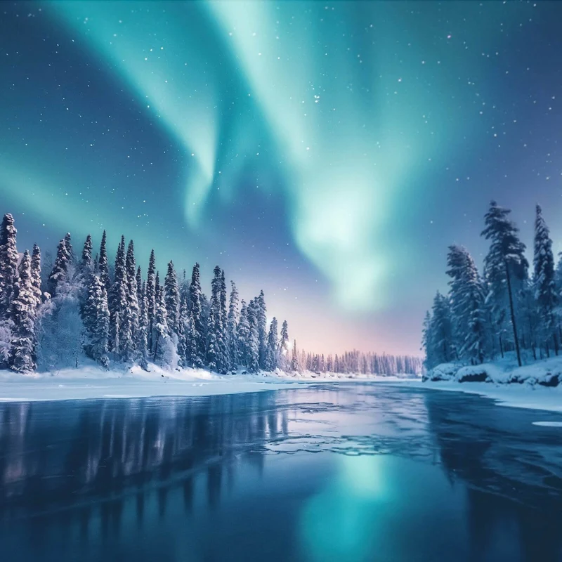Poster Nordlicht über verschneiter Winterlandschaft Quadrat
