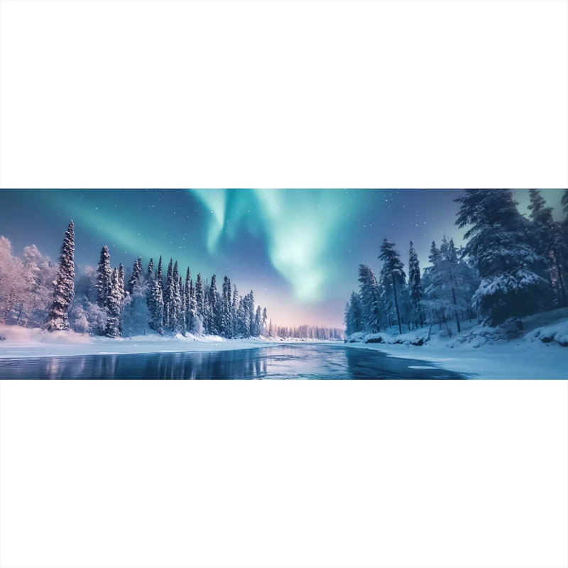 Acrylglasbild Nordlicht über verschneiter Winterlandschaft Panorama