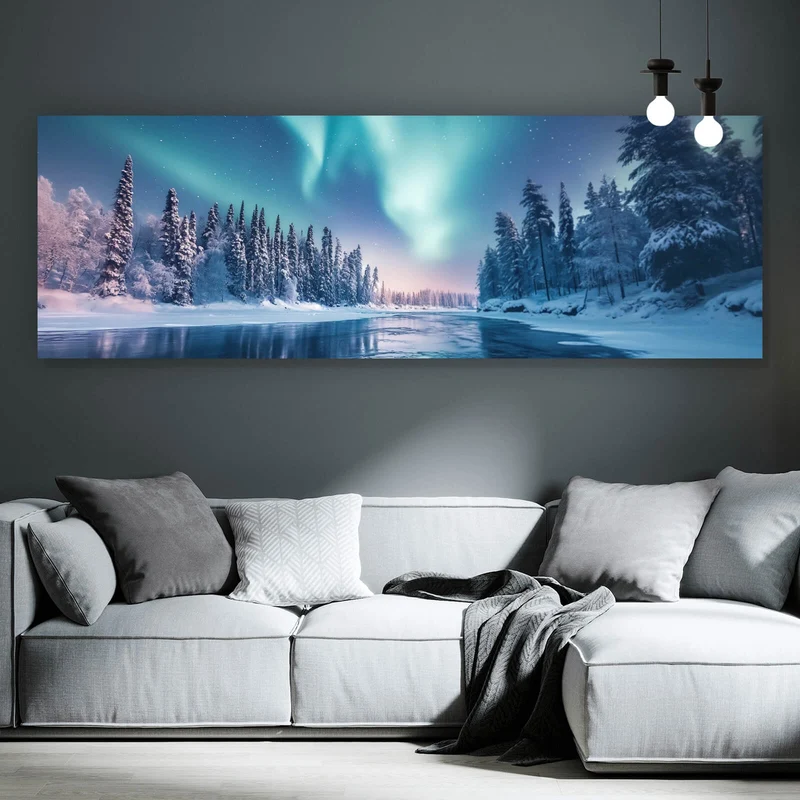 Poster Nordlicht über verschneiter Winterlandschaft Panorama