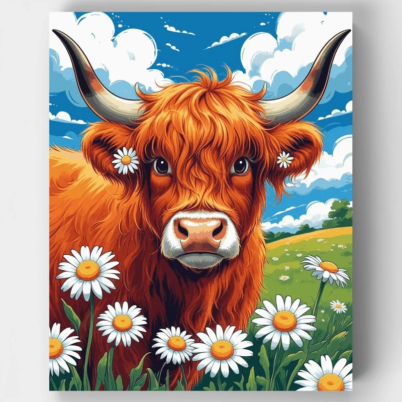 Highland Cow with Daisies - Paint by Numbers Kit