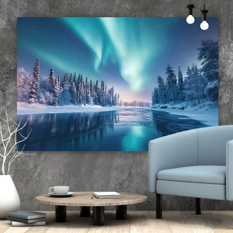 Aluminiumbild Nordlicht über verschneiter Winterlandschaft Querformat