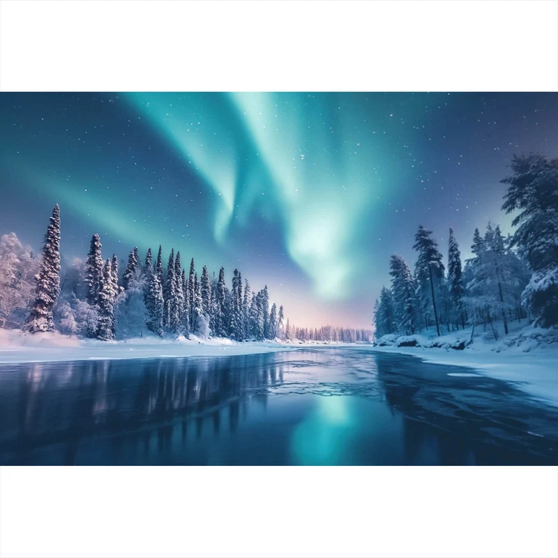 Aluminiumbild Nordlicht über verschneiter Winterlandschaft Querformat