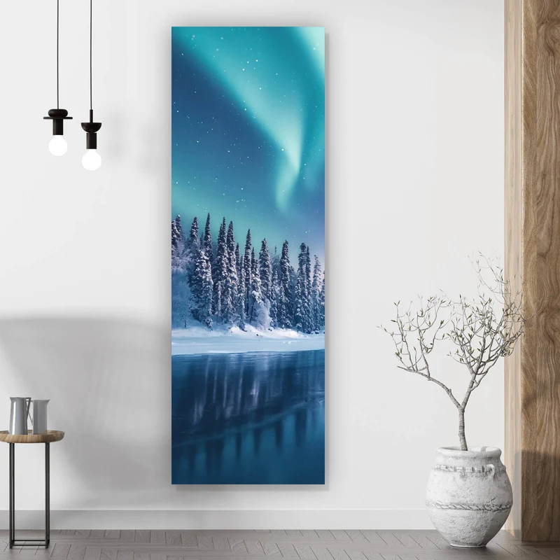 Spannrahmenbild Nordlicht über verschneiter Winterlandschaft Panorama Hoch