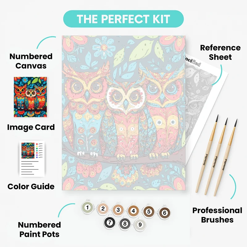 Vibrant Folk Art Owls - Paint by Numbers Kit
