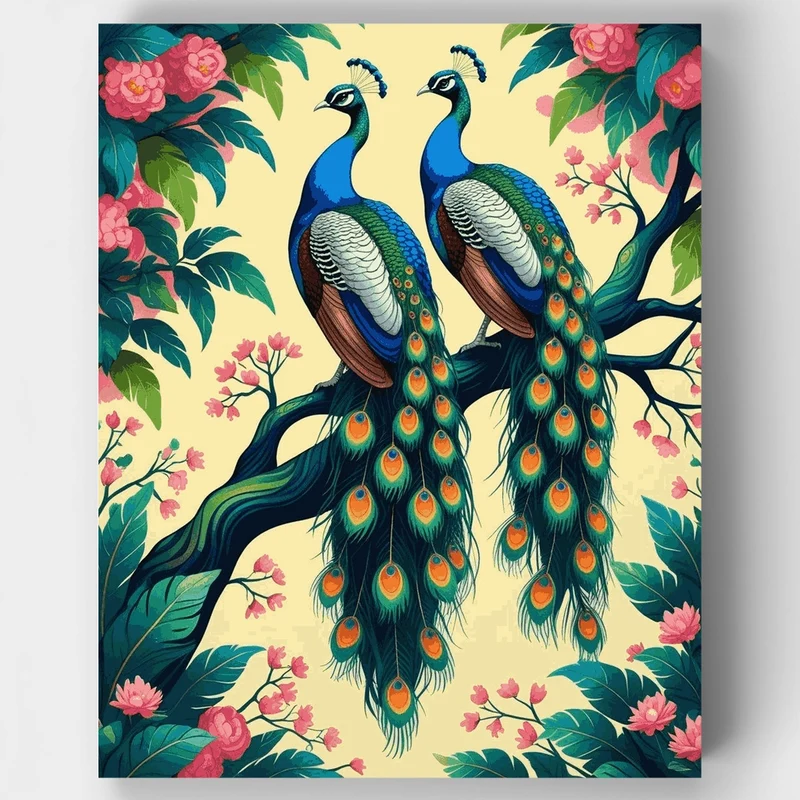 Majestic Peacocks in Blooming Garden - Paint by Numbers Kit