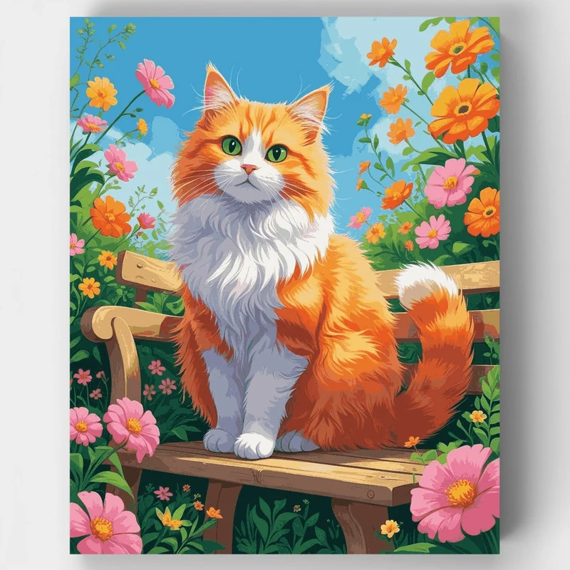 Orange Tabby Cat Among Colorful Flowers - Paint by Numbers Kit