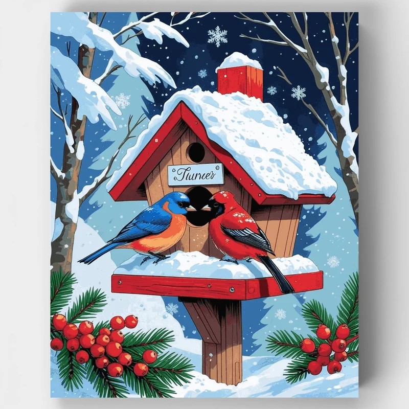 Winter Birds at Birdhouse - Paint by Numbers Kit