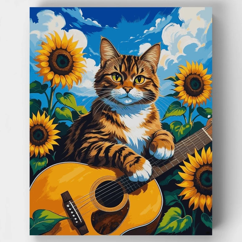 Tabby Cat with Guitar in Sunflower Field - Paint by Numbers Kit