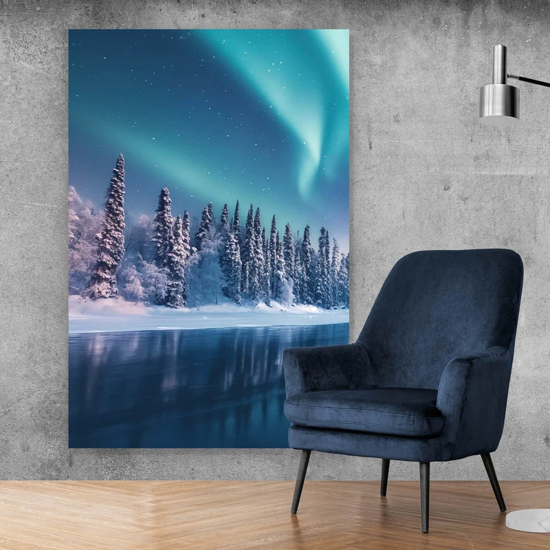 Aluminiumbild Nordlicht über verschneiter Winterlandschaft Hochformat