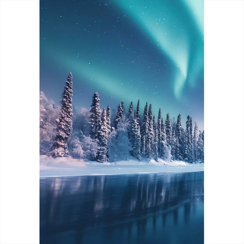 Aluminiumbild Nordlicht über verschneiter Winterlandschaft Hochformat
