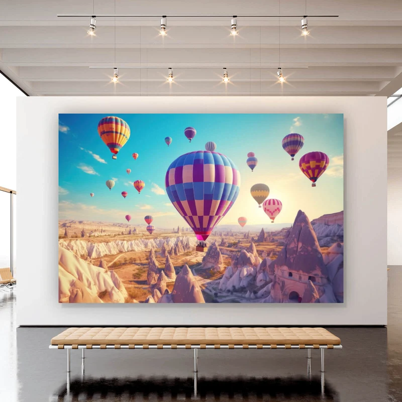 Aluminiumbild gebürstet Eindrucksvolle Ballonfahrt über Landschaft Querformat