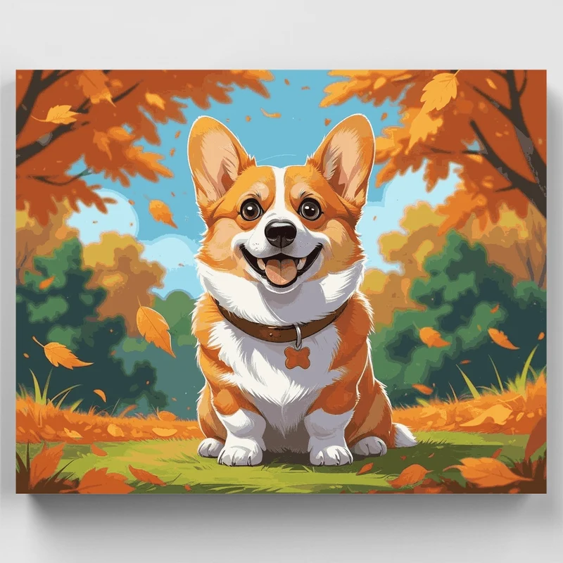 Happy Corgi in Autumn Leaves - Paint by Numbers Kit