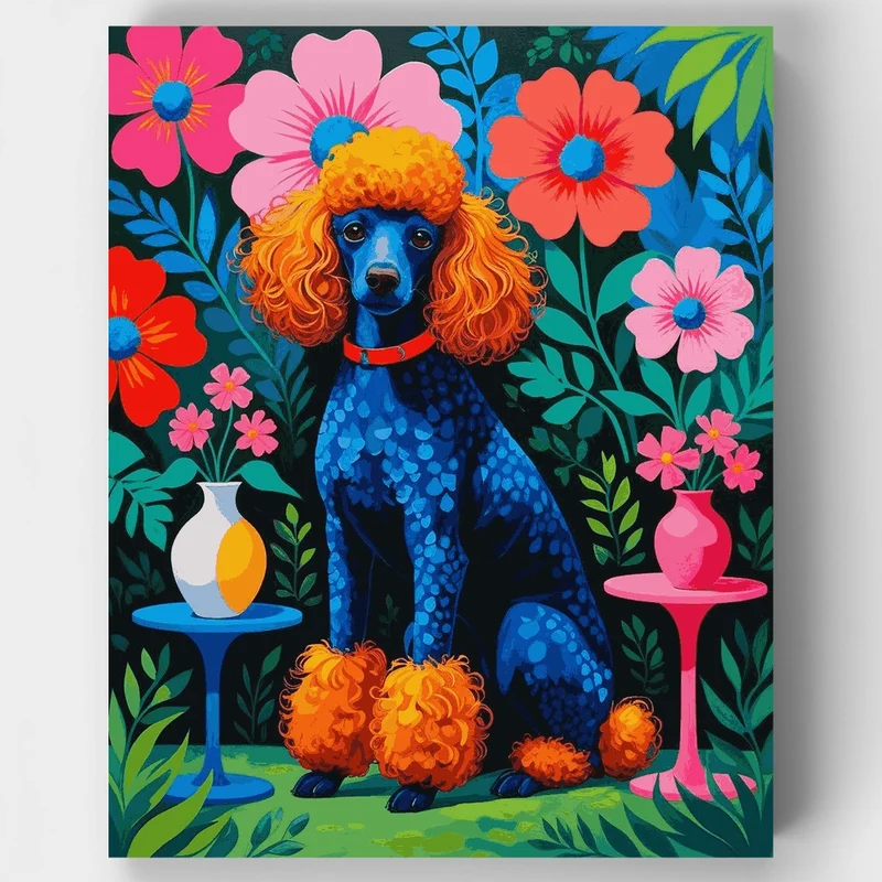 Blue Poodle with Orange Curls in Floral Garden - Paint by Numbers Kit