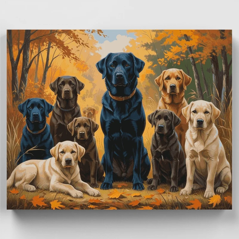 Labrador Family Portrait in Autumn Forest - Paint by Numbers Kit