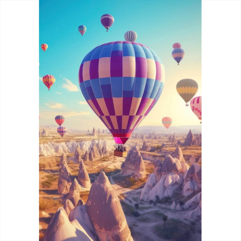Leinwandbild Eindrucksvolle Ballonfahrt über Landschaft Hochformat