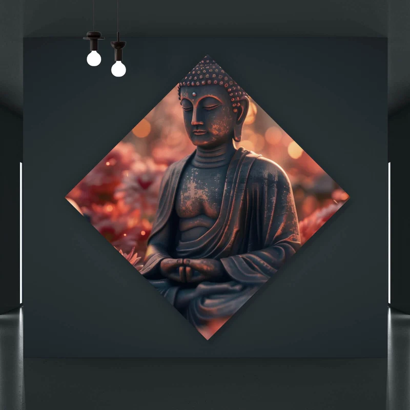 Spannrahmenbild Buddha Statue mit Blumenarrangement Raute