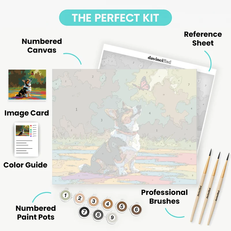Corgi Puppy Watching Butterfly - Paint by Numbers Kit