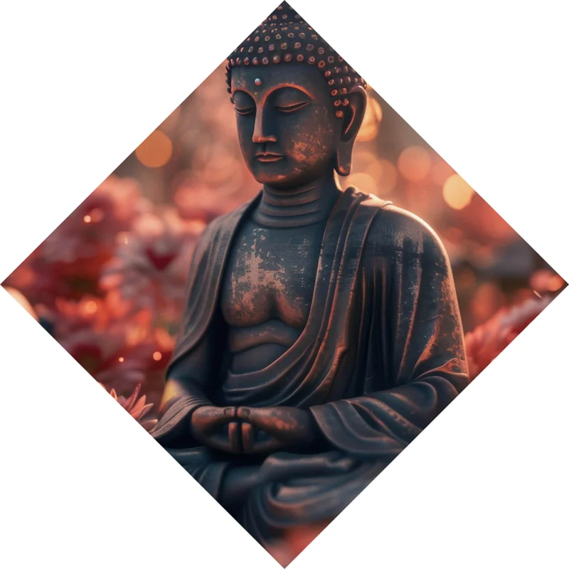Acrylglasbild Buddha Statue mit Blumenarrangement Raute