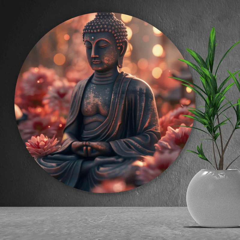 Aluminiumbild gebürstet Buddha Statue mit Blumenarrangement Kreis