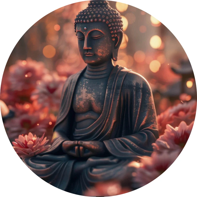 Aluminiumbild Buddha Statue mit Blumenarrangement Kreis