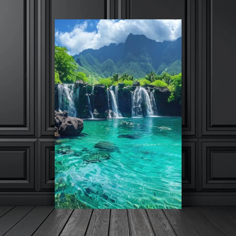 Aluminiumbild gebürstet Naturparadies mit Wasserfall Kulisse Hochformat