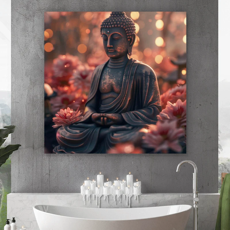 Aluminiumbild Buddha Statue mit Blumenarrangement Quadrat