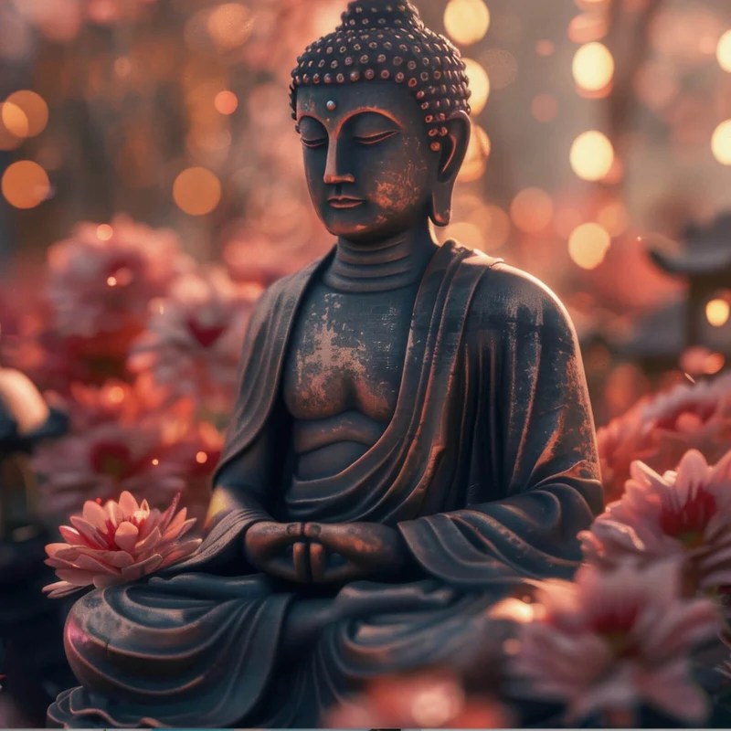 Aluminiumbild Buddha Statue mit Blumenarrangement Quadrat