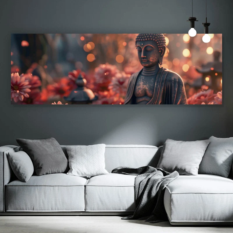 Aluminiumbild gebürstet Buddha Statue mit Blumenarrangement Panorama