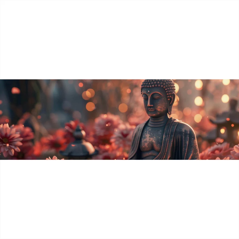 Aluminiumbild Buddha Statue mit Blumenarrangement Panorama